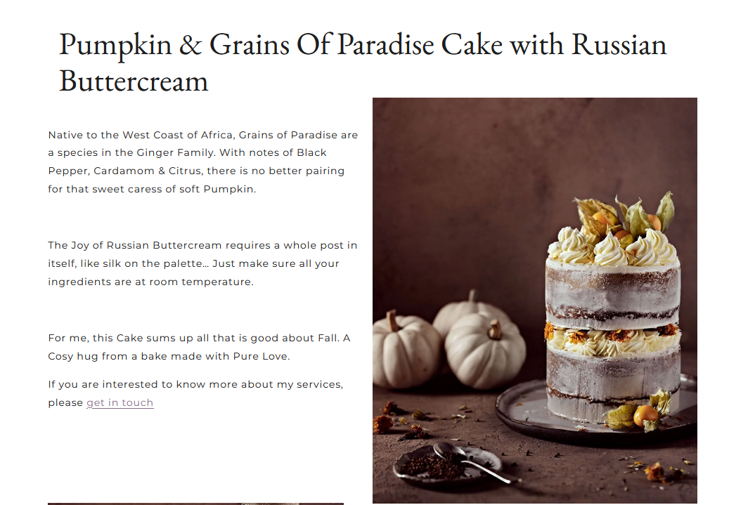 A cake made by GourmetGlow, a food blogger who created a Grains of Paradise infused pu mpkin cake recipe. The cake is decorated with white frosting swirls and fall leaves.